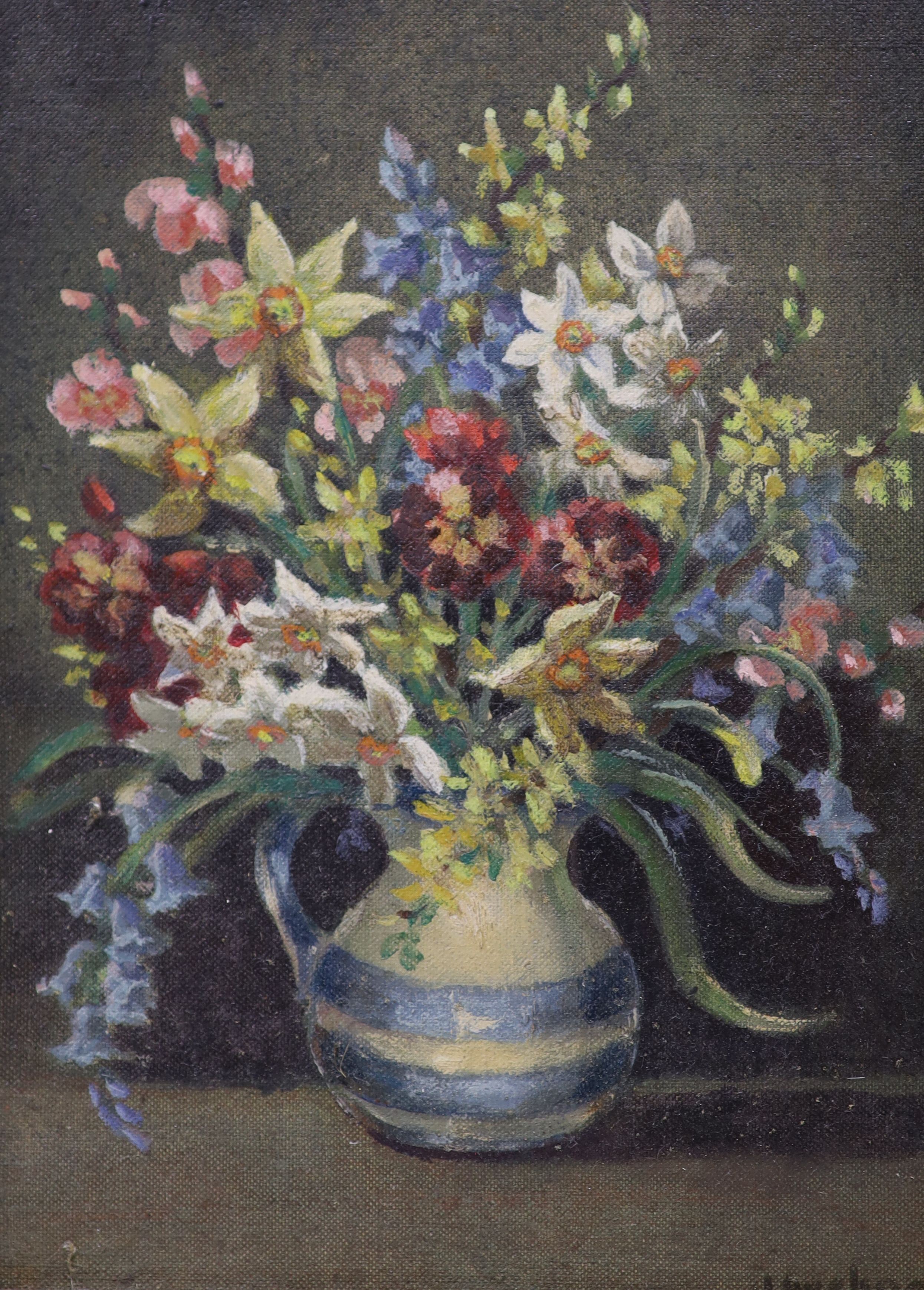 Josephine Aveline (20th century), two oils on board, Still lifes of flowers in vases, signed, largest 34 x 27cm, 34cm x 27cm